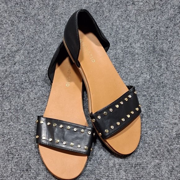 Andiamo Women Sandals Open Toe Slip On Black with Gold Studs N Rhinestones Sz8.5 - Picture 1 of 11